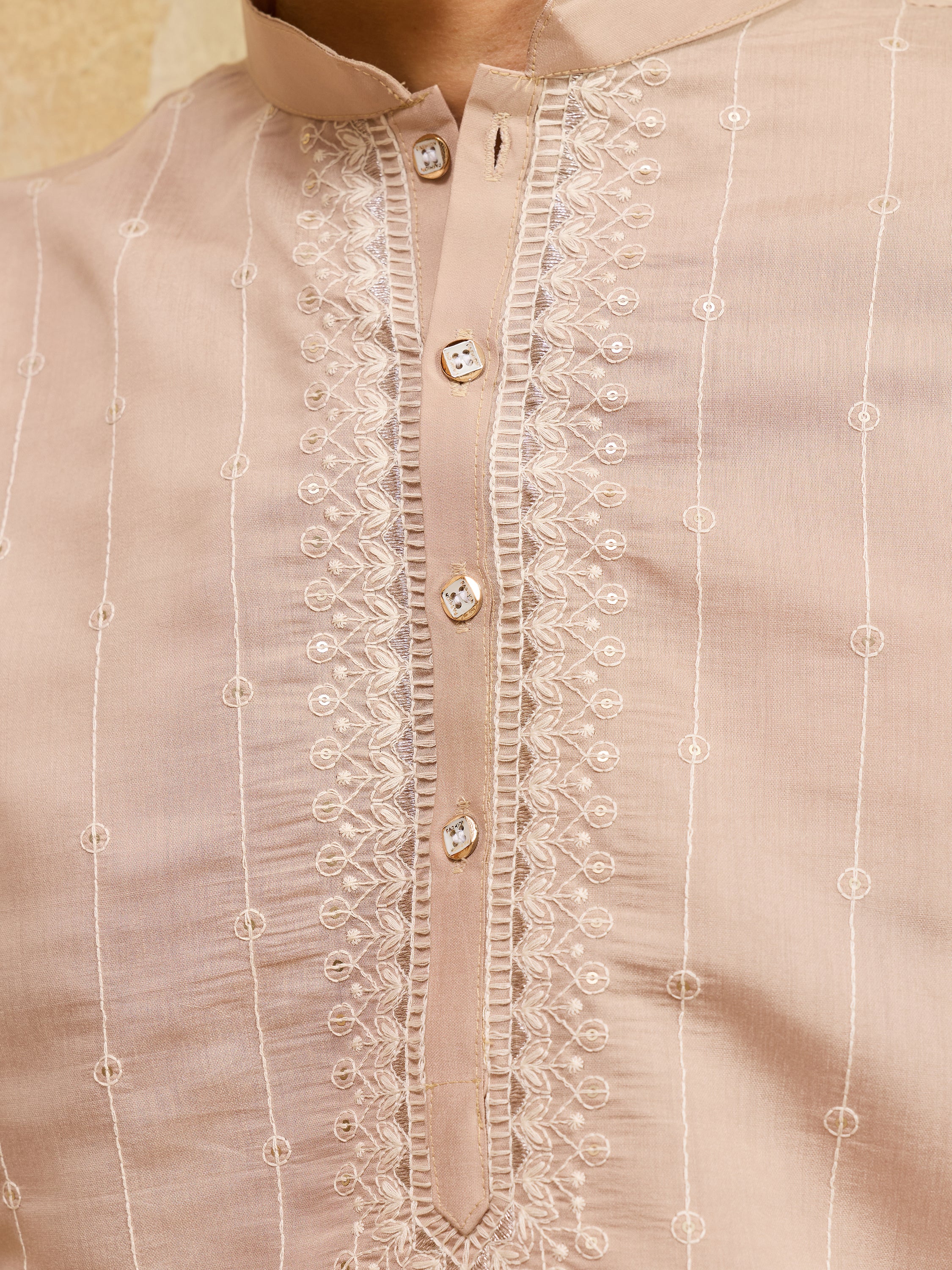 Beautiful Beige Thread Embroidered Silk Traditional Men’s Kurta