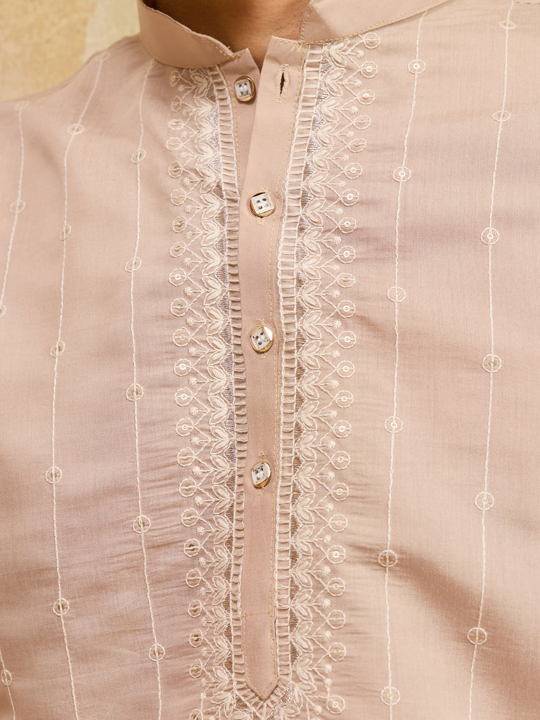 Beautiful Beige Thread Embroidered Silk Traditional Men’s Kurta