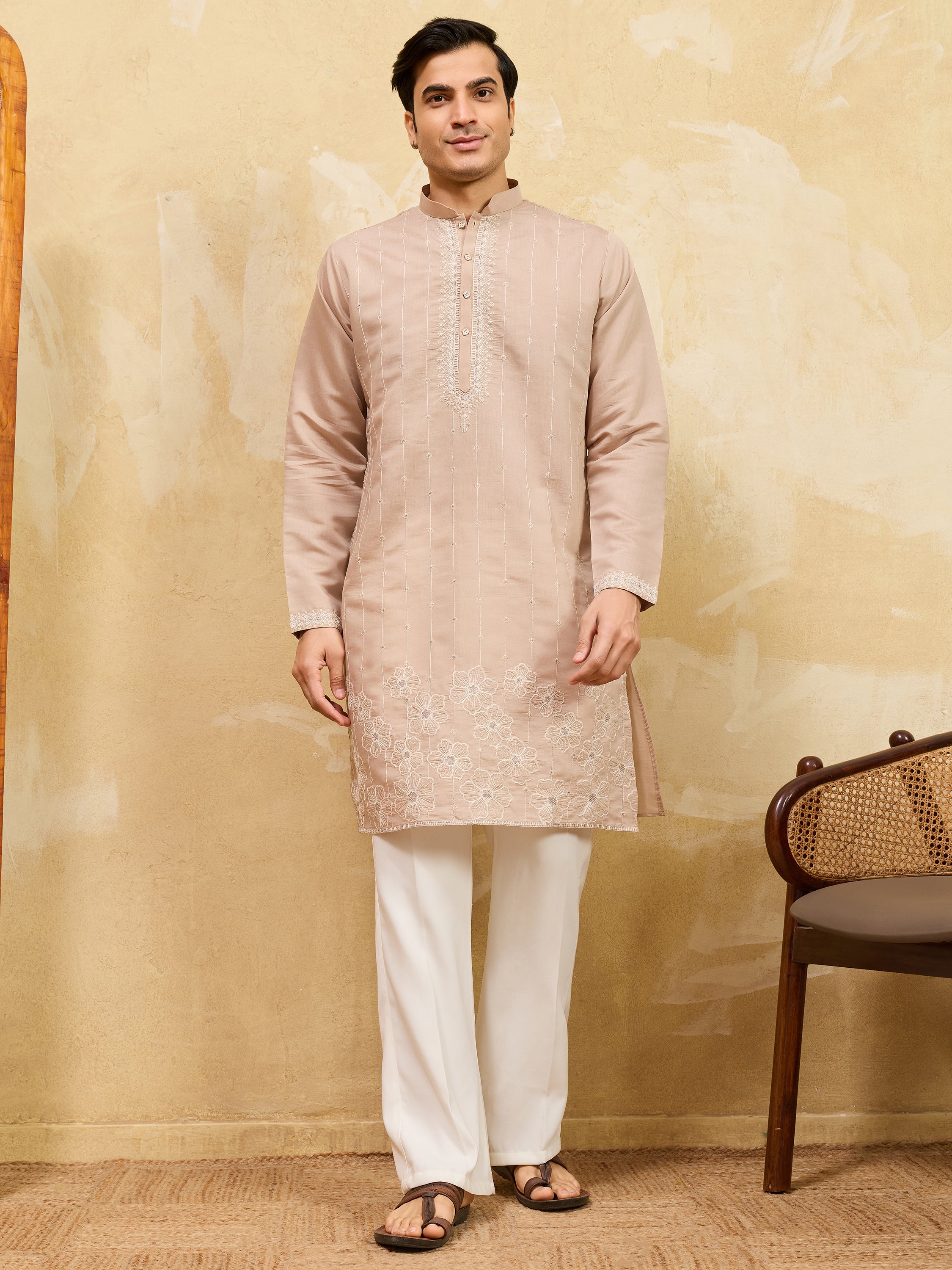 Beautiful Beige Thread Embroidered Silk Traditional Men’s Kurta