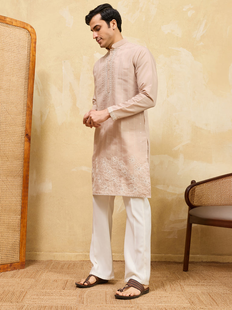 Beautiful Beige Thread Embroidered Silk Traditional Men’s Kurta