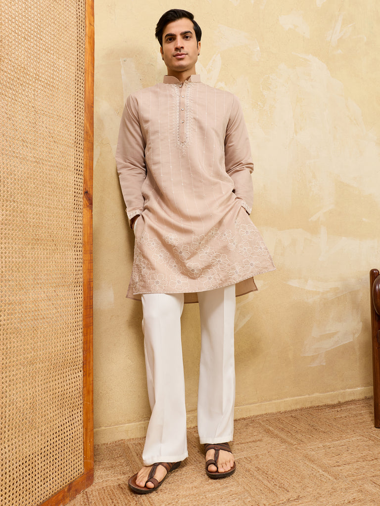 Beautiful Beige Thread Embroidered Silk Traditional Men’s Kurta