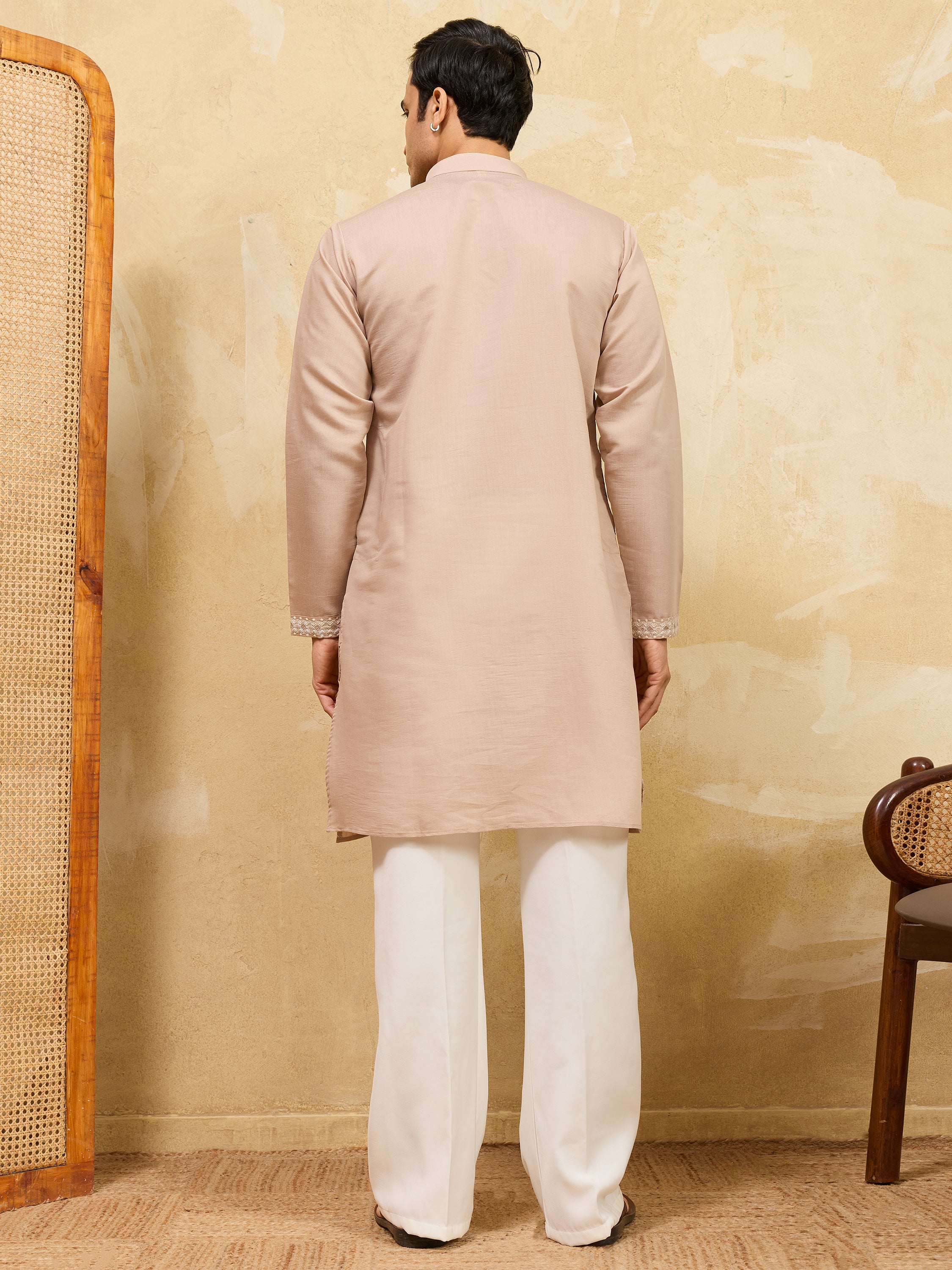 Beautiful Beige Thread Embroidered Silk Traditional Men’s Kurta