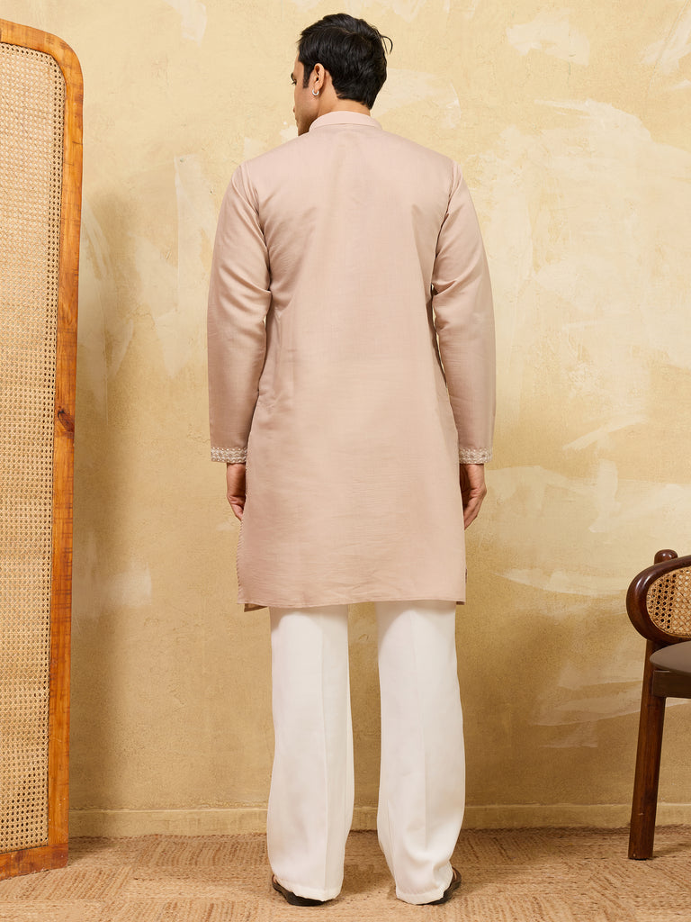 Beautiful Beige Thread Embroidered Silk Traditional Men’s Kurta