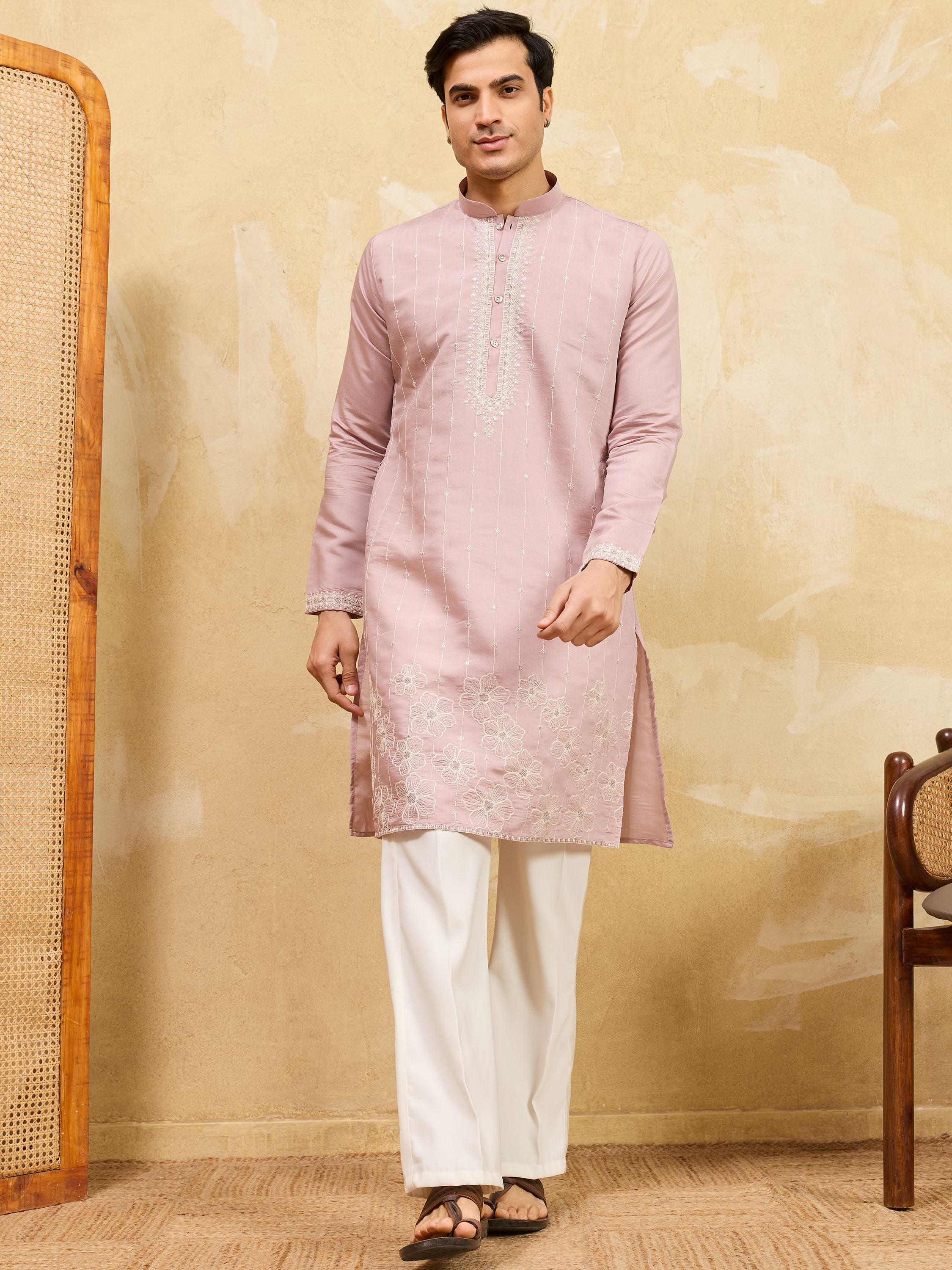 Awesome Pink Thread Embroidered Silk Festival Wear Men’s Kurta