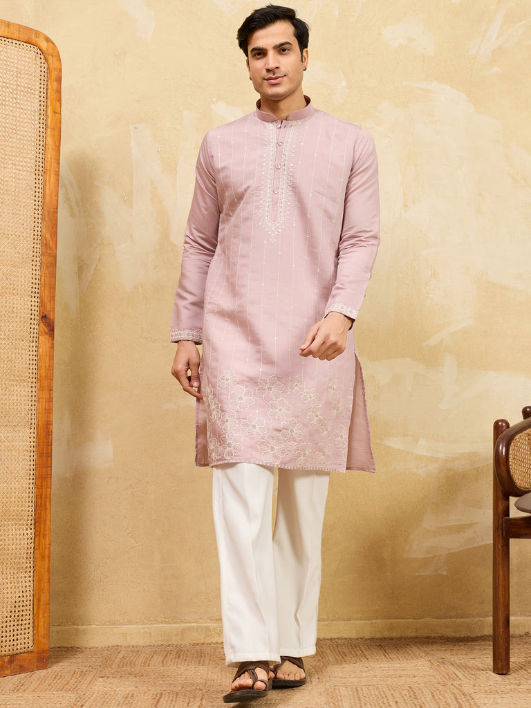 Awesome Pink Thread Embroidered Silk Festival Wear Men’s Kurta