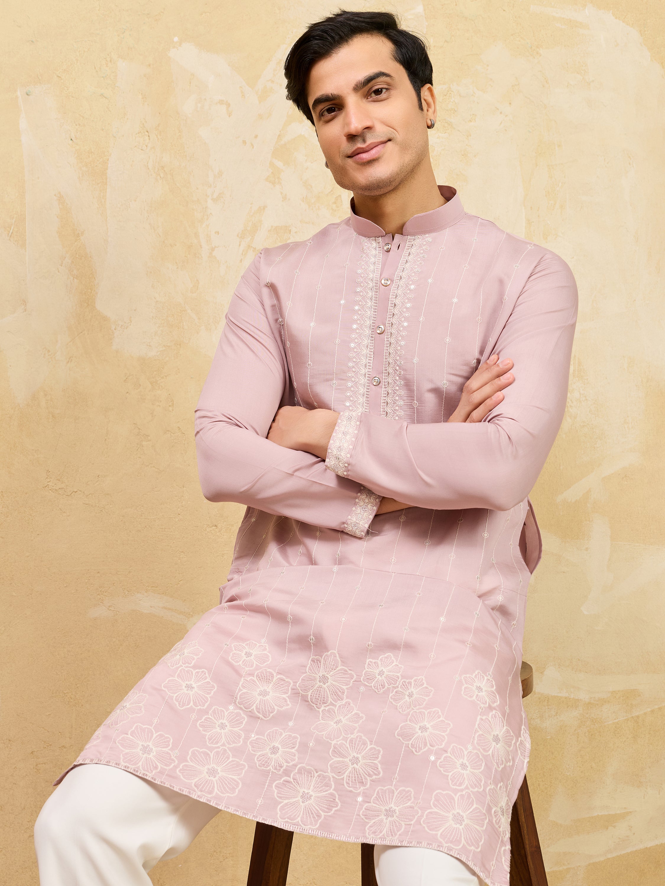 Awesome Pink Thread Embroidered Silk Festival Wear Men’s Kurta