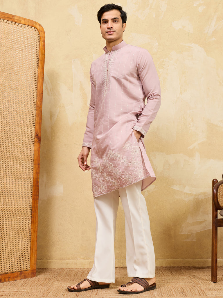 Awesome Pink Thread Embroidered Silk Festival Wear Men’s Kurta