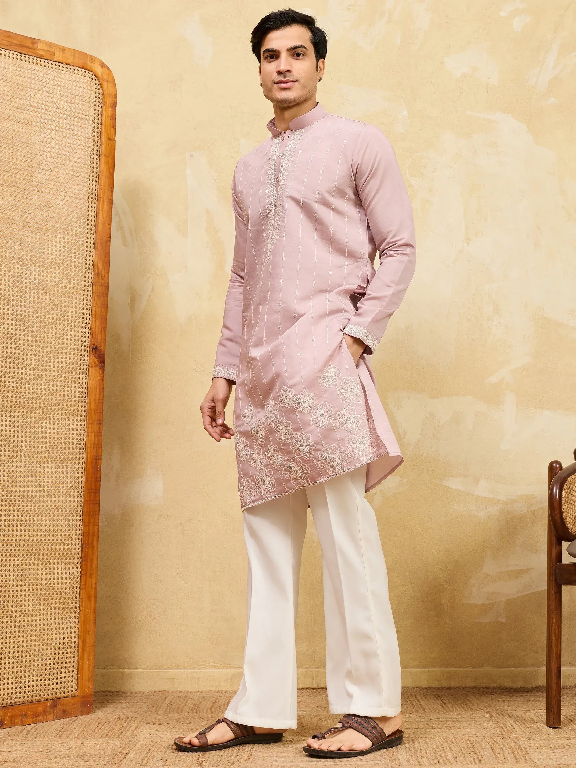 Awesome Pink Thread Embroidered Silk Festival Wear Men’s Kurta