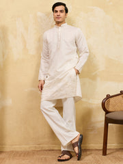 Glamorous White Thread Embroidered Silk Function Wear Men’s Kurta