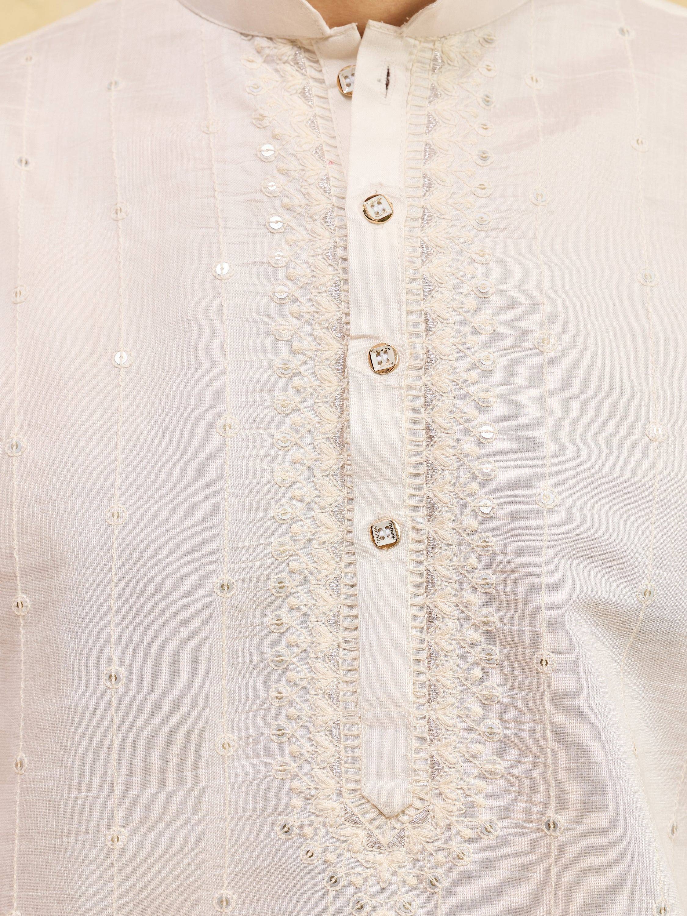 Glamorous White Thread Embroidered Silk Function Wear Men’s Kurta