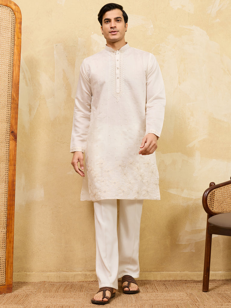 Glamorous White Thread Embroidered Silk Function Wear Men’s Kurta