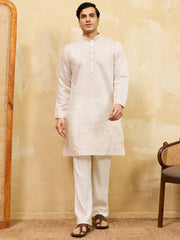 Glamorous White Thread Embroidered Silk Function Wear Men’s Kurta