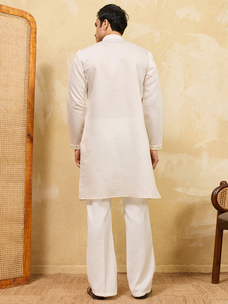 Glamorous White Thread Embroidered Silk Function Wear Men’s Kurta