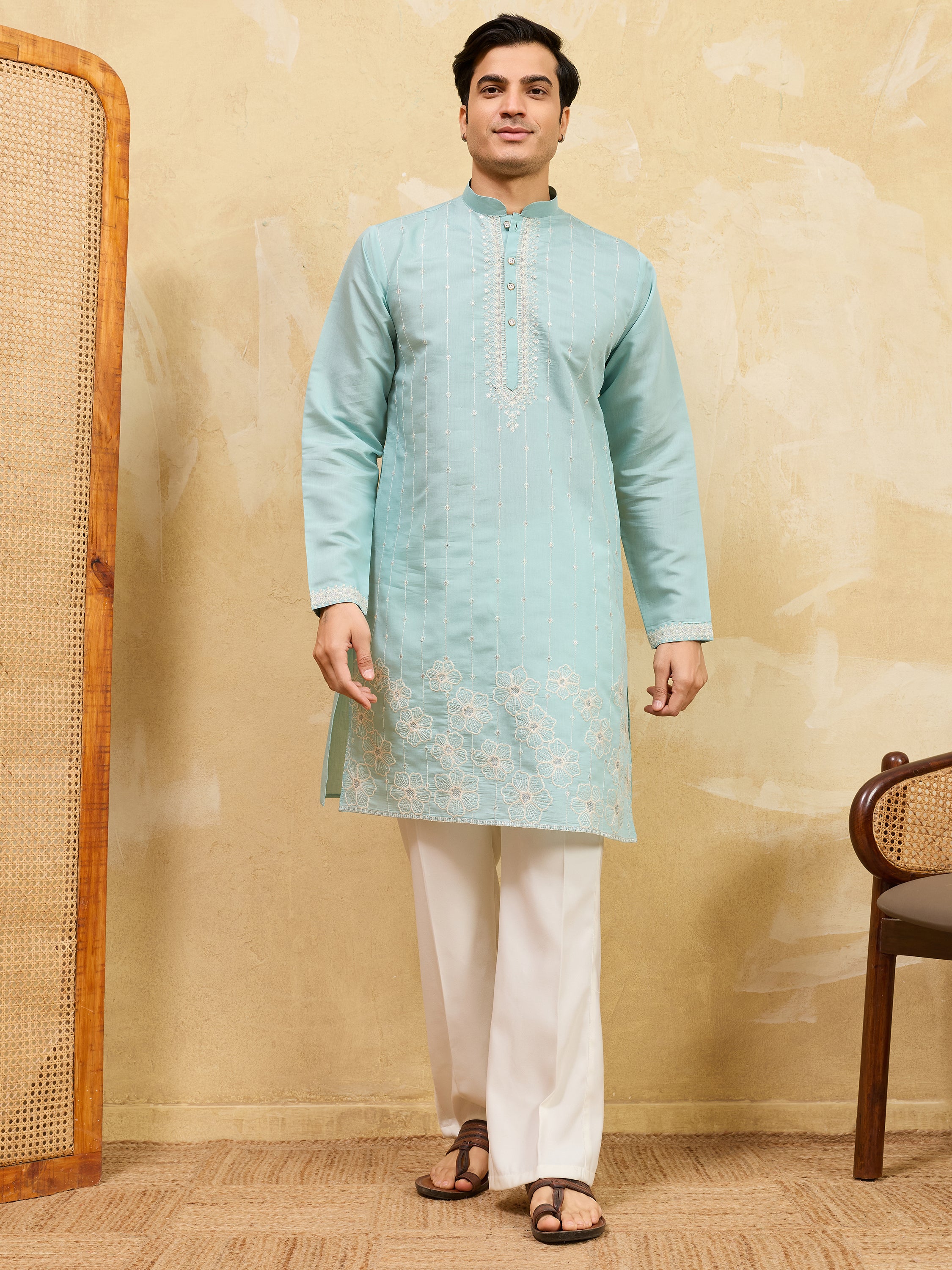 Stylish Sky-Blue Thread Embroidered Silk Wedding Wear Men’s Kurta