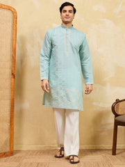 Stylish Sky-Blue Thread Embroidered Silk Wedding Wear Men’s Kurta