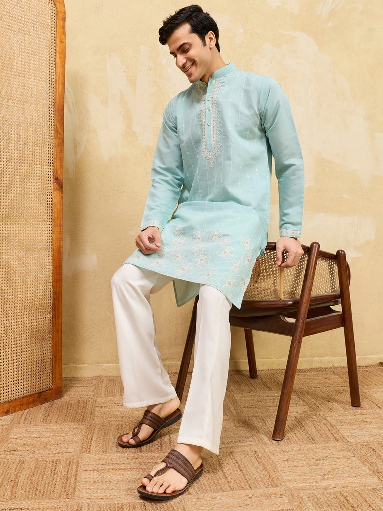 Stylish Sky-Blue Thread Embroidered Silk Wedding Wear Men’s Kurta