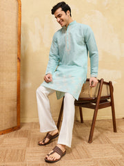 Stylish Sky-Blue Thread Embroidered Silk Wedding Wear Men’s Kurta