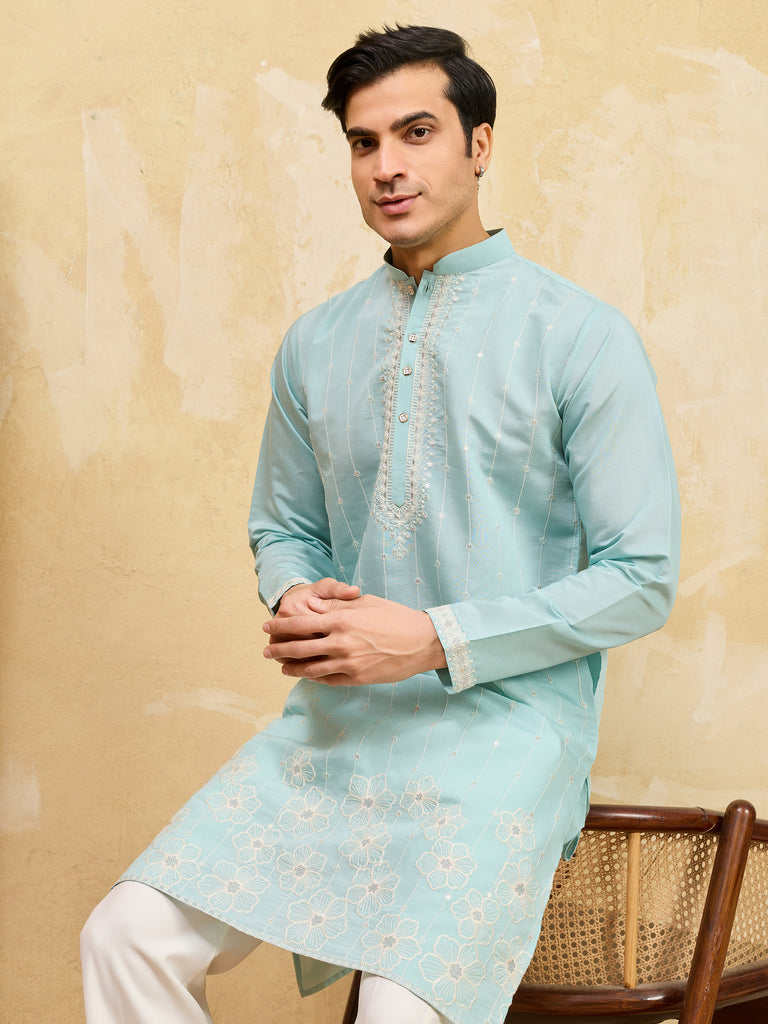 Stylish Sky-Blue Thread Embroidered Silk Wedding Wear Men’s Kurta