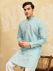 Stylish Sky-Blue Thread Embroidered Silk Wedding Wear Men’s Kurta