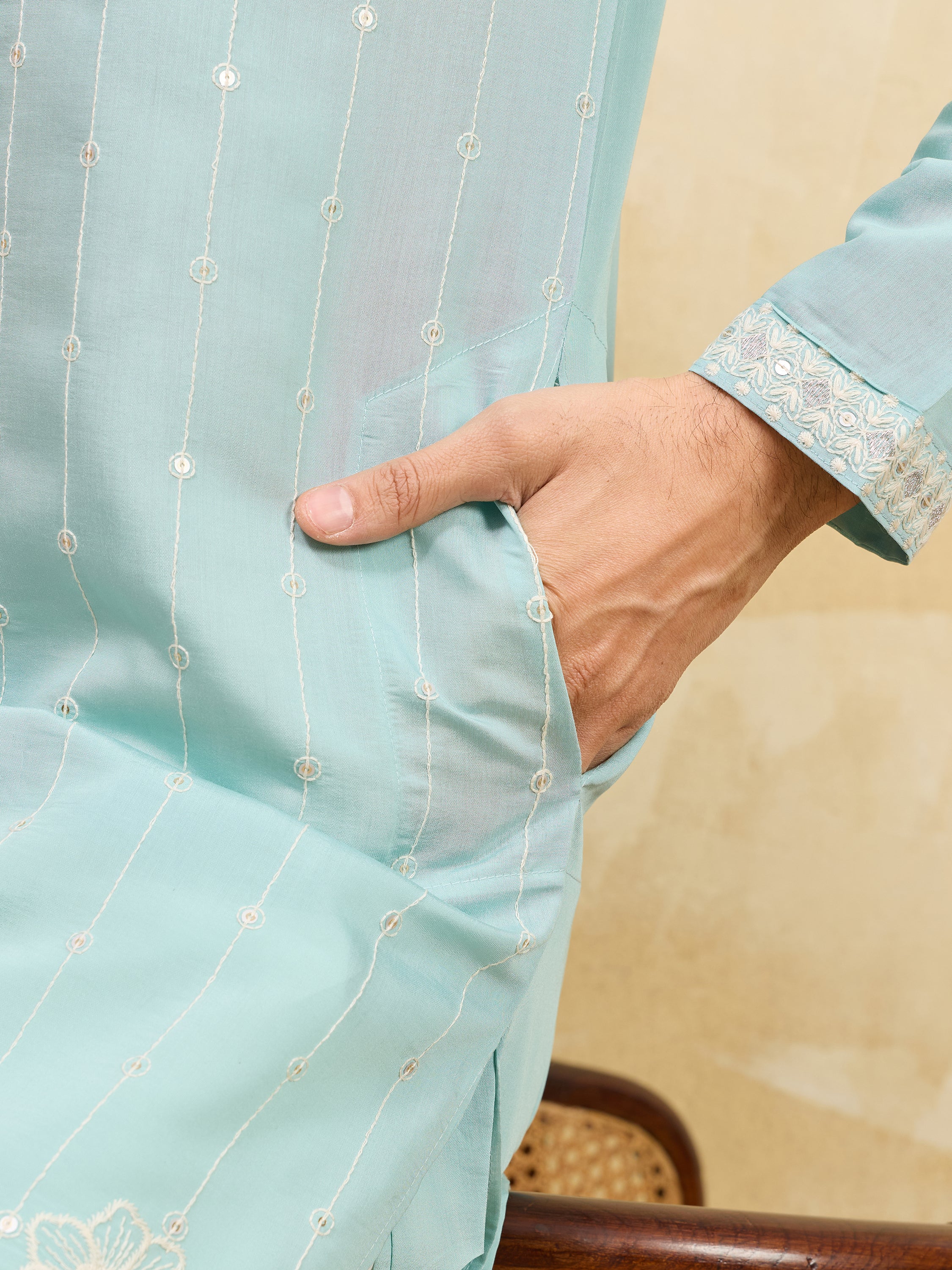 Stylish Sky-Blue Thread Embroidered Silk Wedding Wear Men’s Kurta