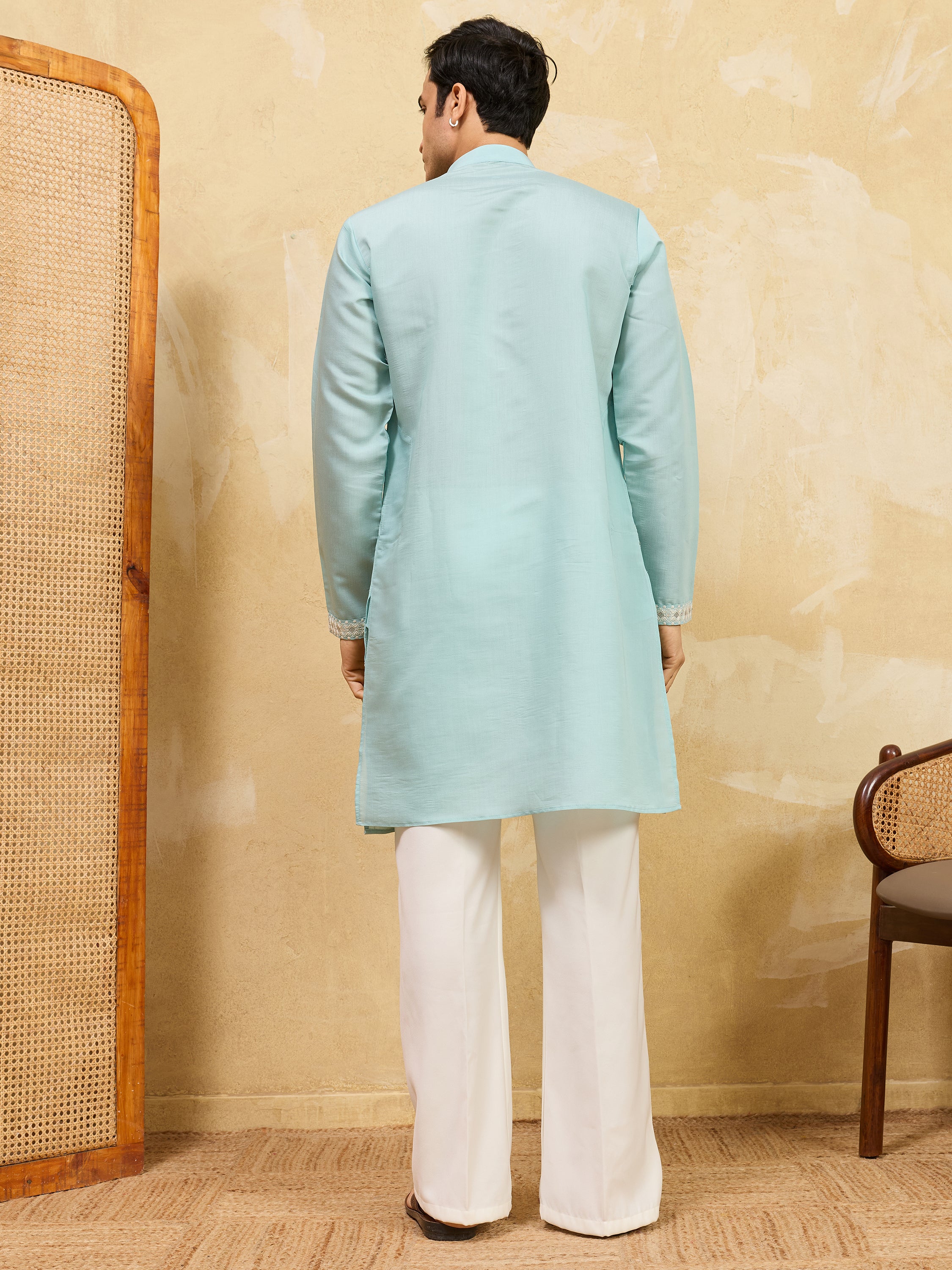 Stylish Sky-Blue Thread Embroidered Silk Wedding Wear Men’s Kurta
