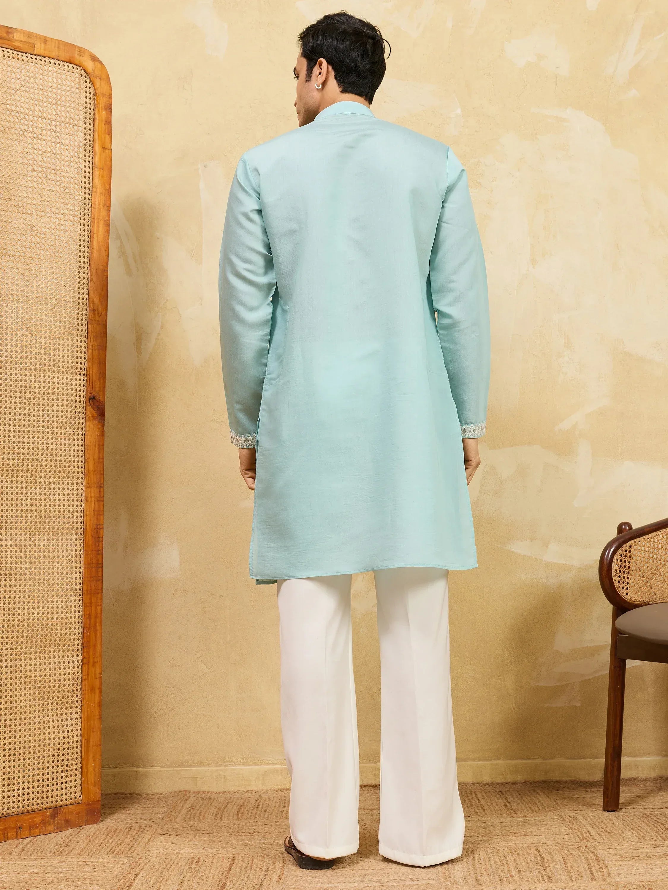 Stylish Sky-Blue Thread Embroidered Silk Wedding Wear Men’s Kurta