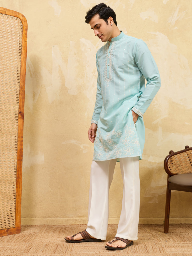 Stylish Sky-Blue Thread Embroidered Silk Wedding Wear Men’s Kurta
