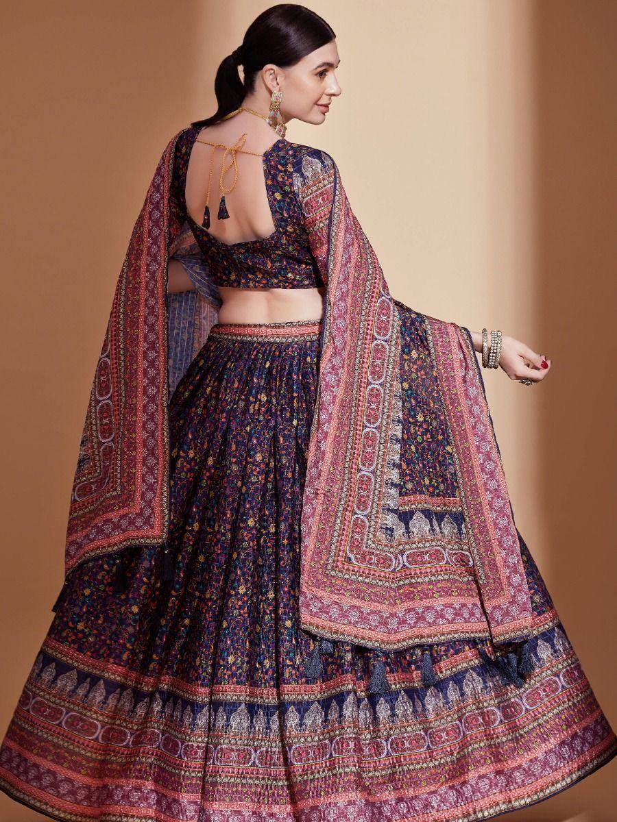 Indian ethnic lehenga choli with floral print, backless blouse, and dupatta for women