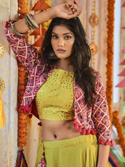 Fluorescent Green Mirror Cotton Navratri Chaniya Choli With Koti