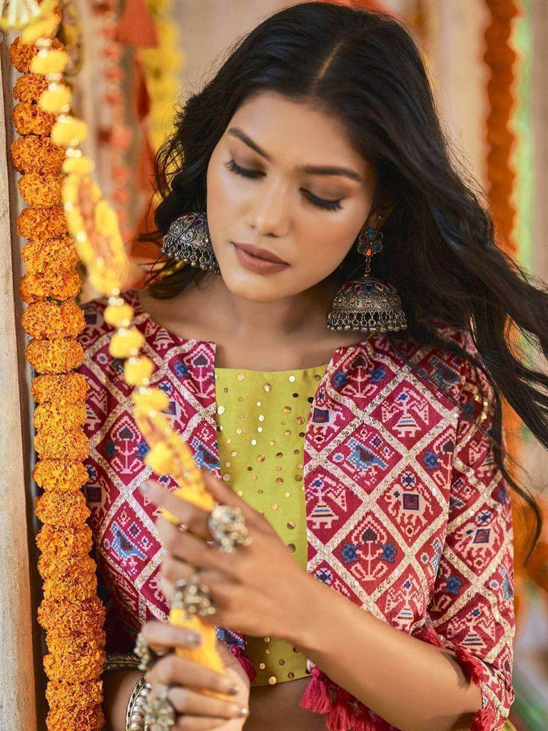 Fluorescent Green Mirror Cotton Navratri Chaniya Choli With Koti