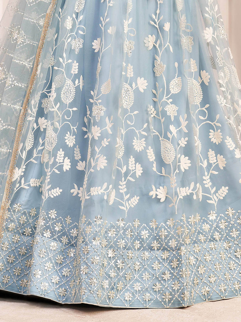 Magnificent Light Sky Blue Butterfly Net Cotton Thread Party Wear Lehenga