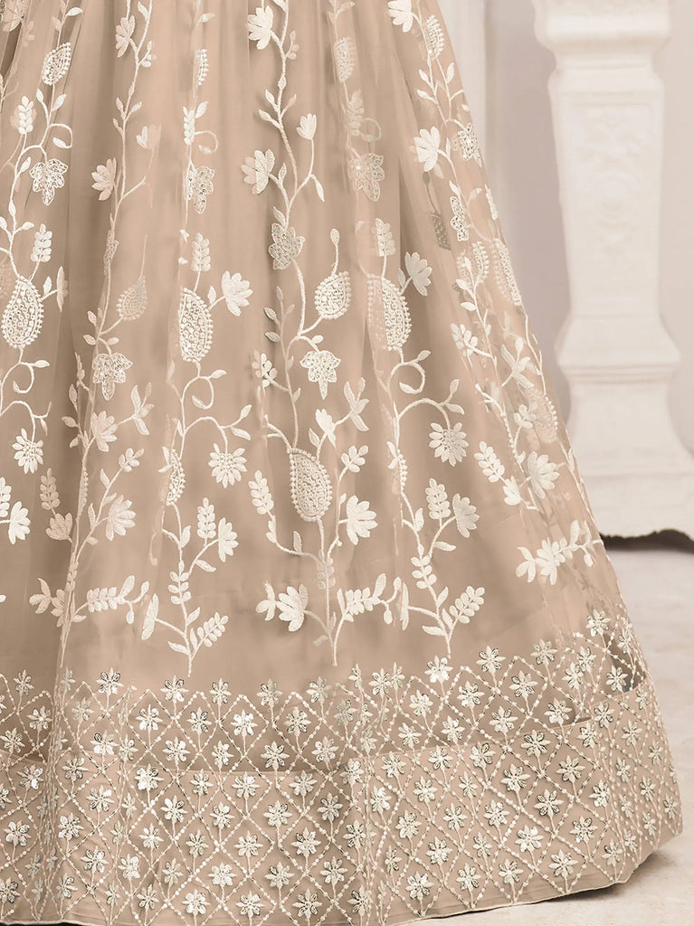 Awesome Beige Thread Embroidered Butterfly Net Lehenga Choli