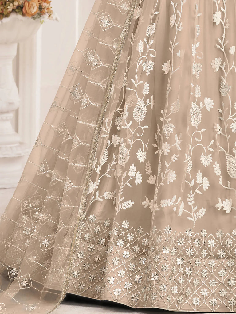 Awesome Beige Thread Embroidered Butterfly Net Lehenga Choli