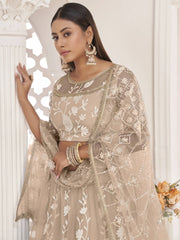 Awesome Beige Thread Embroidered Butterfly Net Lehenga Choli