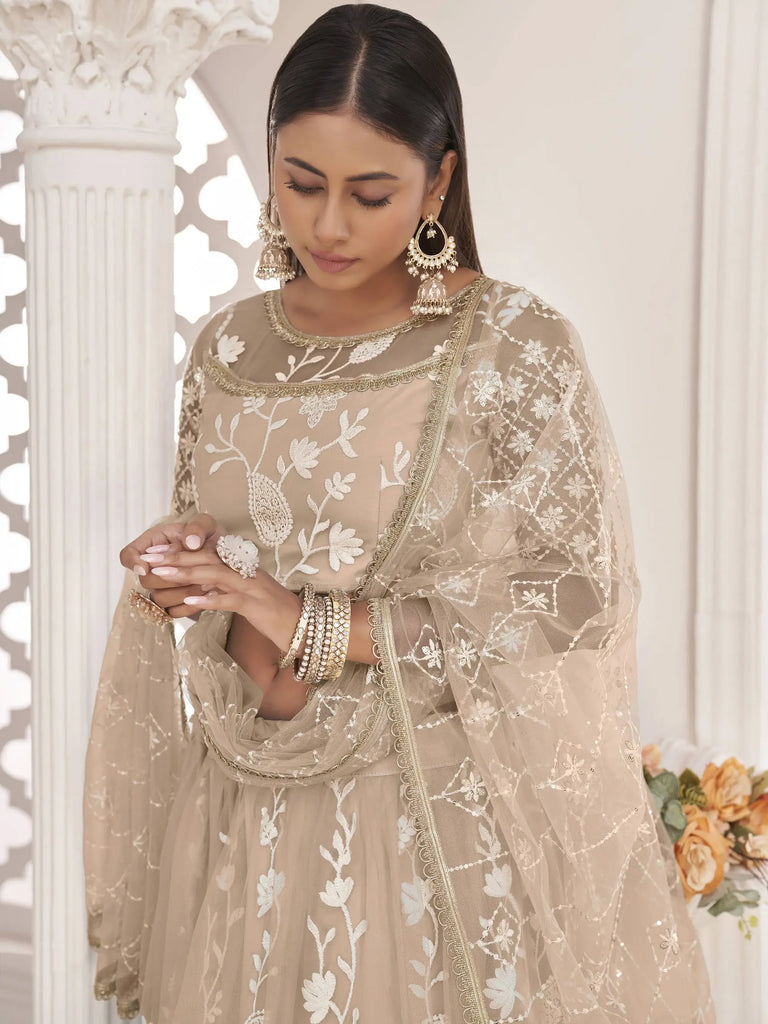 Awesome Beige Thread Embroidered Butterfly Net Lehenga Choli