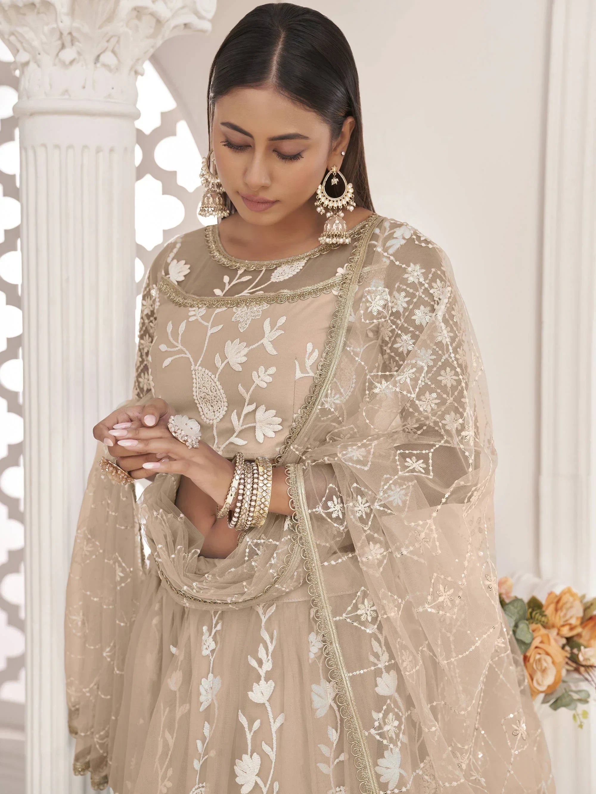 Awesome Beige Thread Embroidered Butterfly Net Lehenga Choli