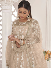 Awesome Beige Thread Embroidered Butterfly Net Lehenga Choli