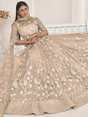 Awesome Beige Thread Embroidered Butterfly Net Lehenga Choli