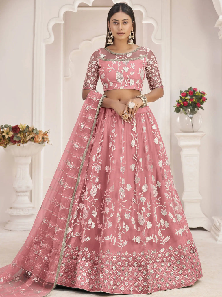 Stunning Peach Thread Embroidered Butterfly Net Lehenga Choli