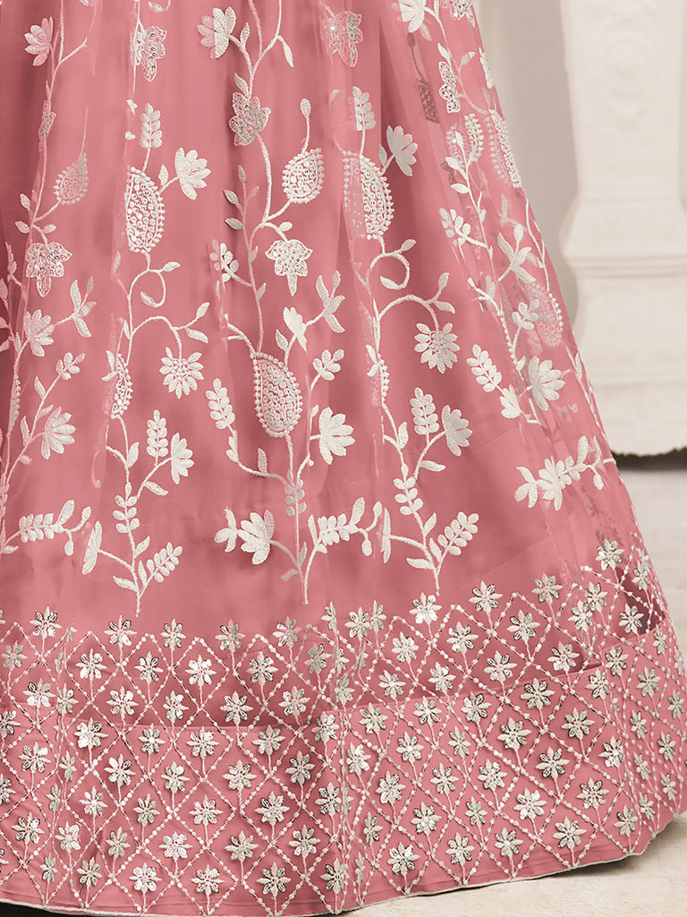 Stunning Peach Thread Embroidered Butterfly Net Lehenga Choli