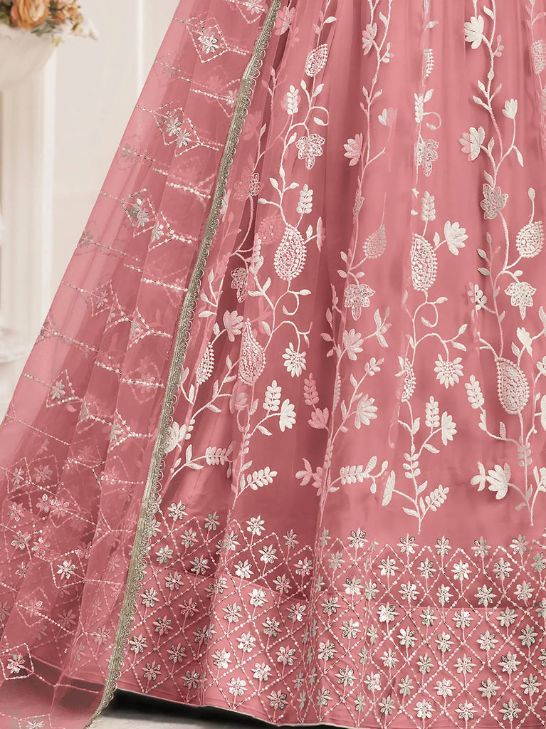 Stunning Peach Thread Embroidered Butterfly Net Lehenga Choli