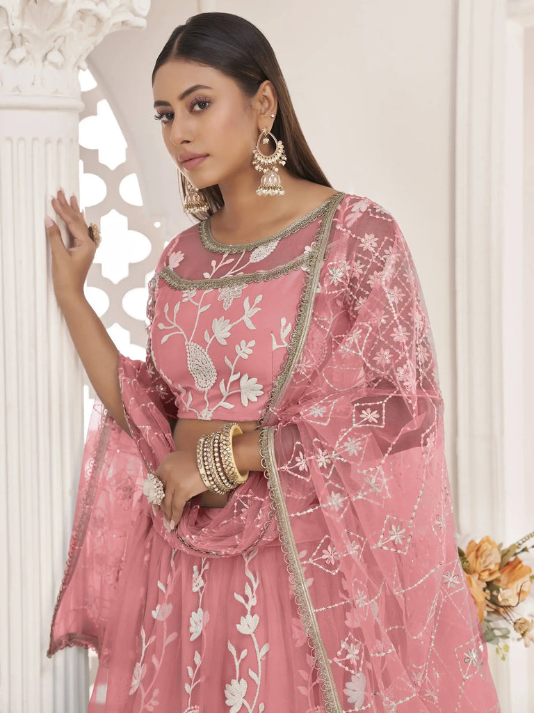 Stunning Peach Thread Embroidered Butterfly Net Lehenga Choli