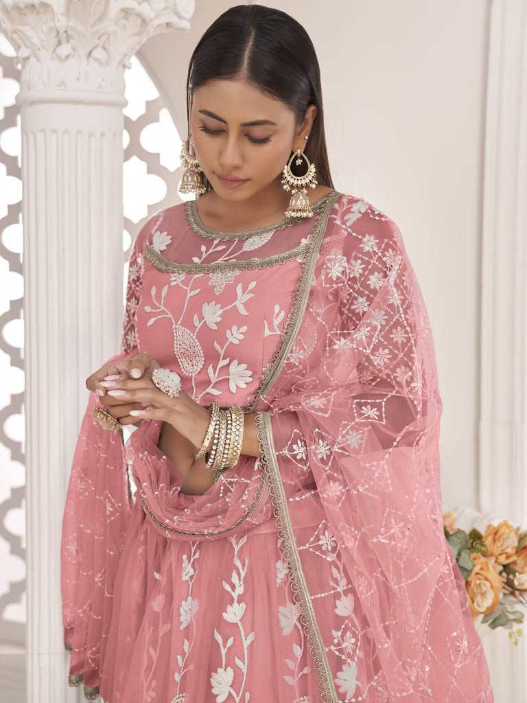 Stunning Peach Thread Embroidered Butterfly Net Lehenga Choli