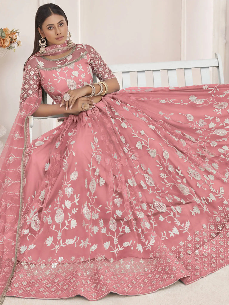 Stunning Peach Thread Embroidered Butterfly Net Lehenga Choli