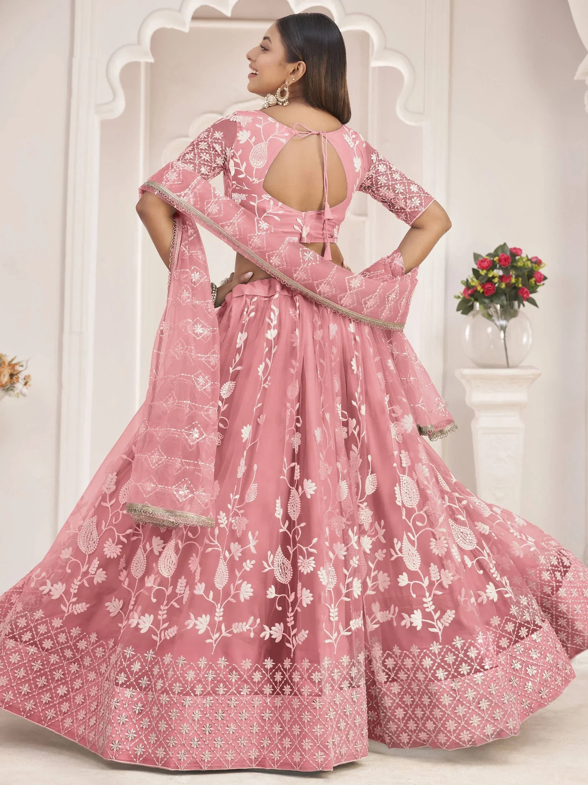 Stunning Peach Thread Embroidered Butterfly Net Lehenga Choli