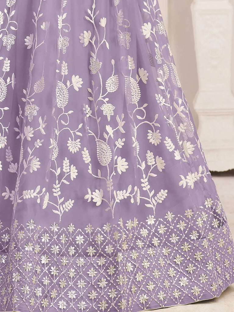 Dazzling Lavender Thread Embroidered Butterfly Net Lehenga Choli