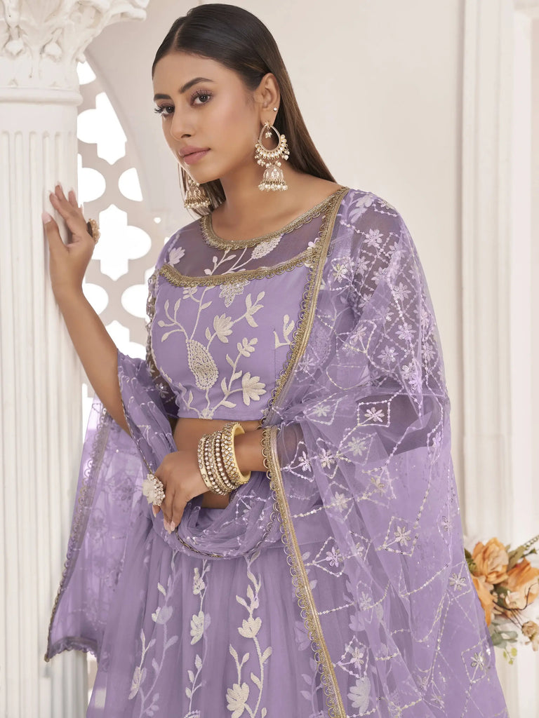 Dazzling Lavender Thread Embroidered Butterfly Net Lehenga Choli