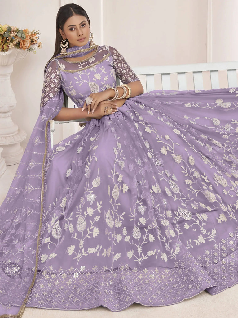 Dazzling Lavender Thread Embroidered Butterfly Net Lehenga Choli