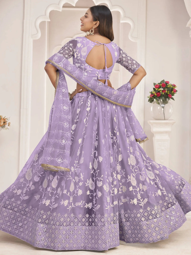 Dazzling Lavender Thread Embroidered Butterfly Net Lehenga Choli