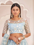 Magnificent Light Sky Blue Butterfly Net Cotton Thread Party Wear Lehenga